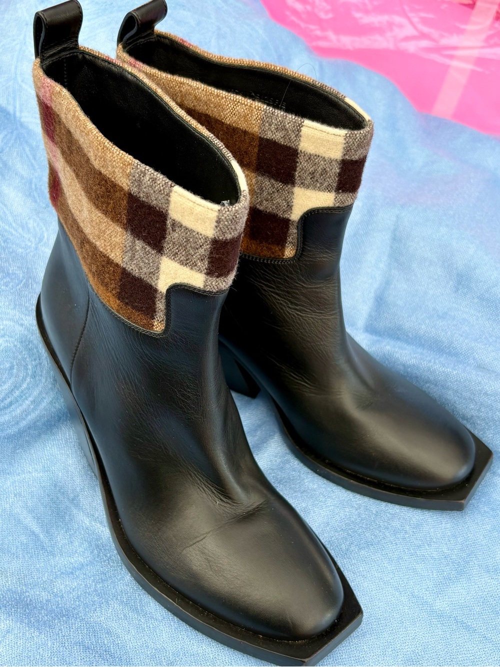 Burberry Black Leather Ankle Boots with Brown Plaid Cuff